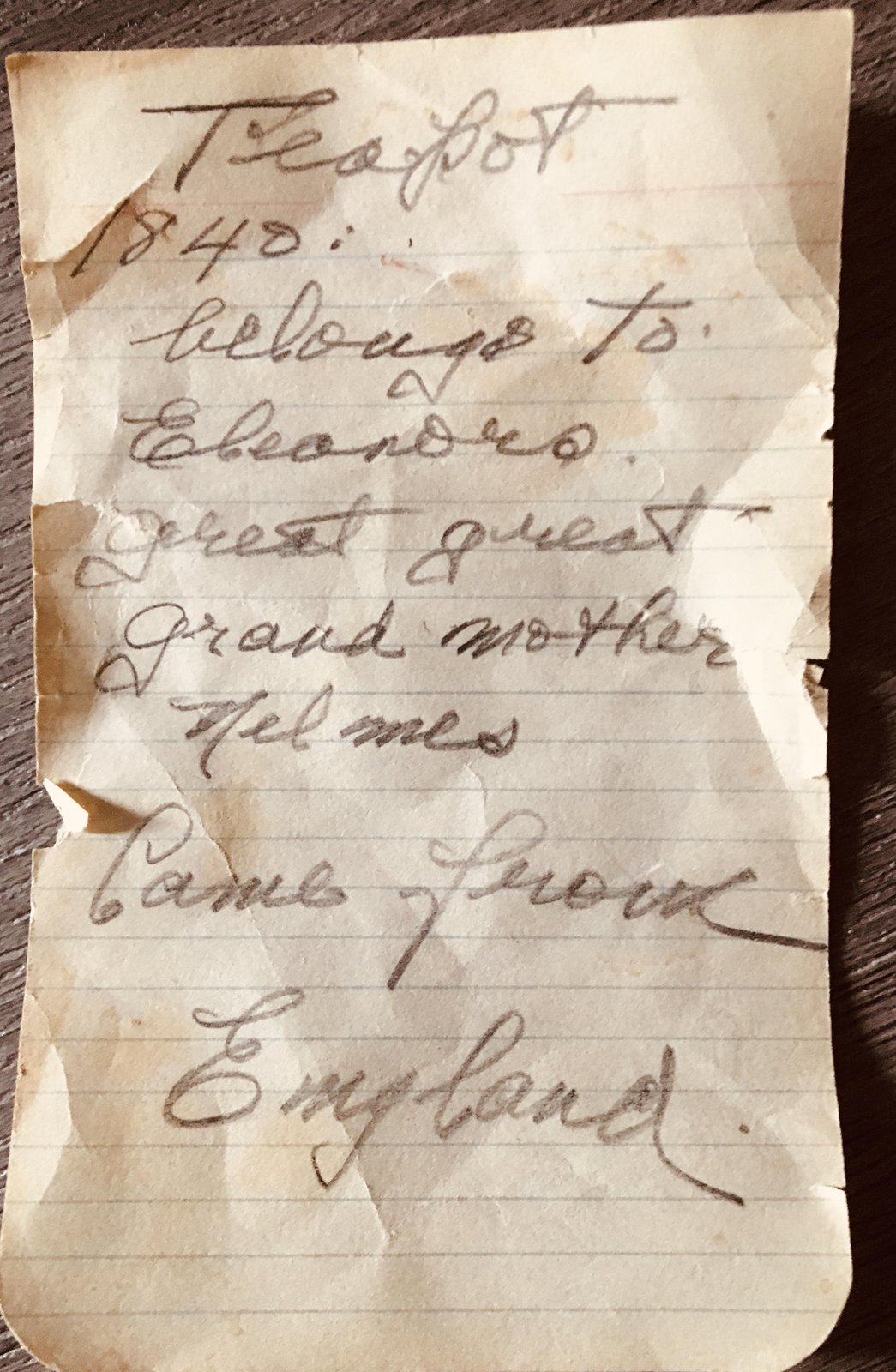 Elizas Teapot Note from Harry Lobb.